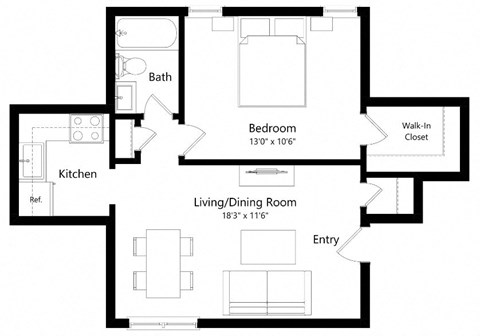 Floor plan for 1 bed, 1 bath, 526 sqft